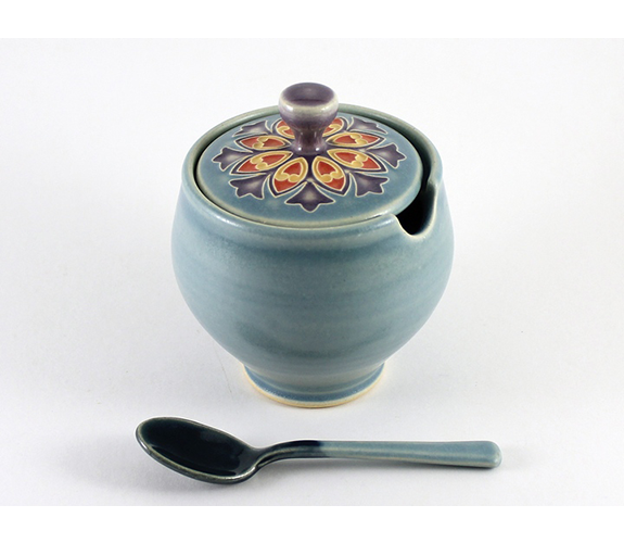 Ceramic Sugar Bowl with Sonnet Design and Ceramic Spoon